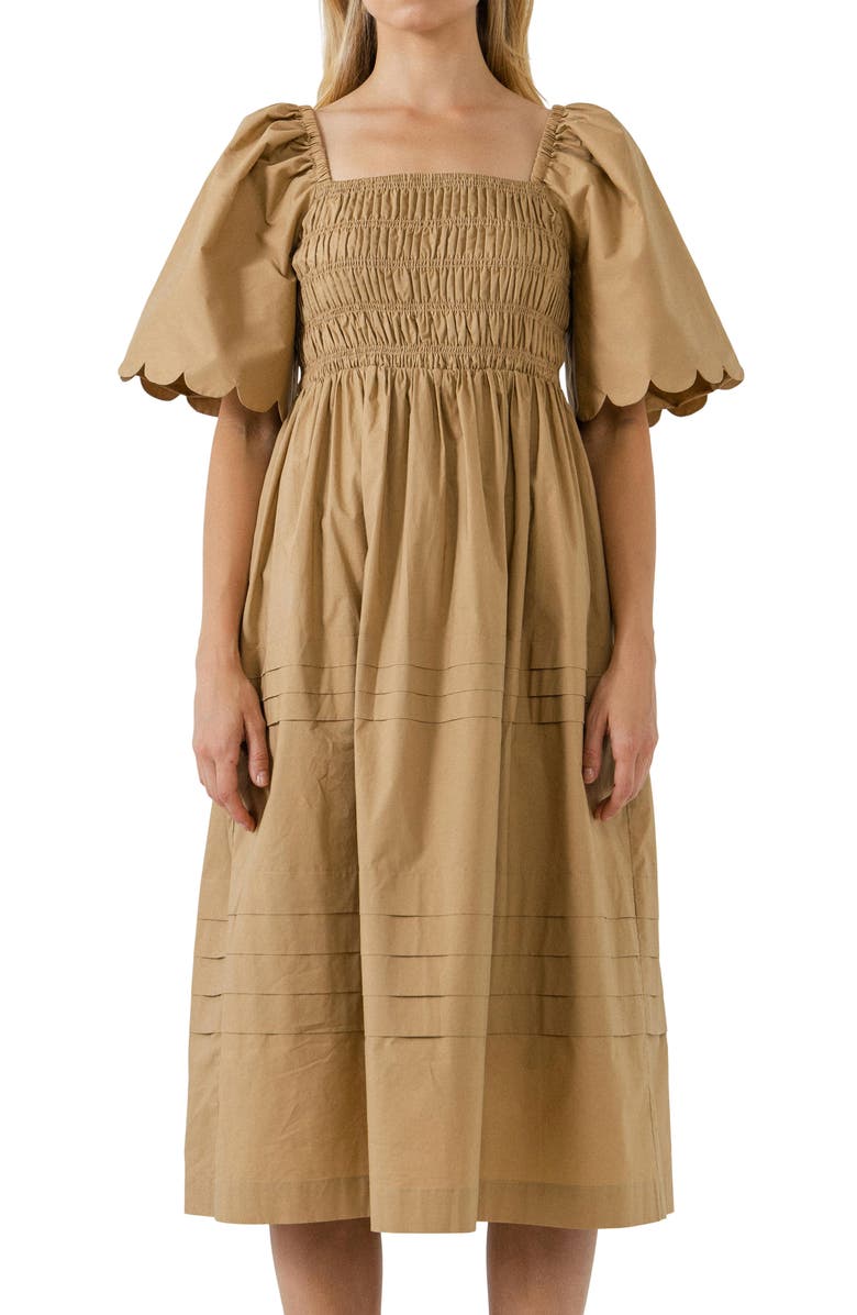English Factory Scallop Detail Midi Dress, Alternate, color, Tan
