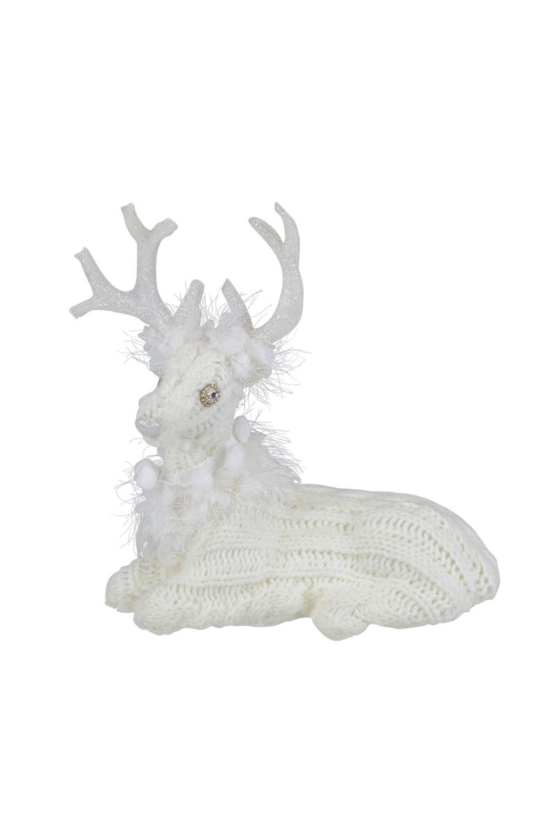 Northlight Cable Knit Sweater Sitting Reindeer Christmas Figure - 9.75", Main, color, White