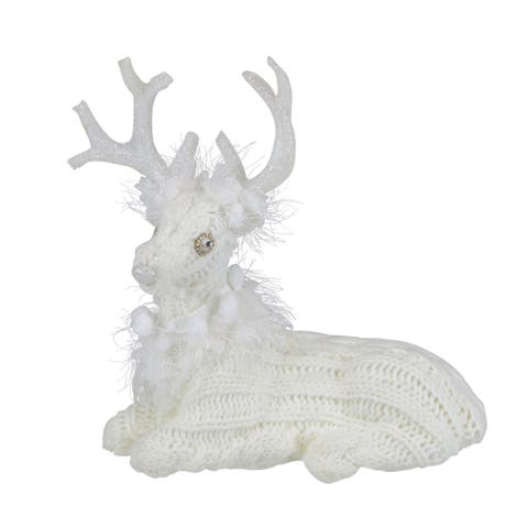 Cable Knit Sweater Sitting Reindeer Christmas Figure - 9.75"