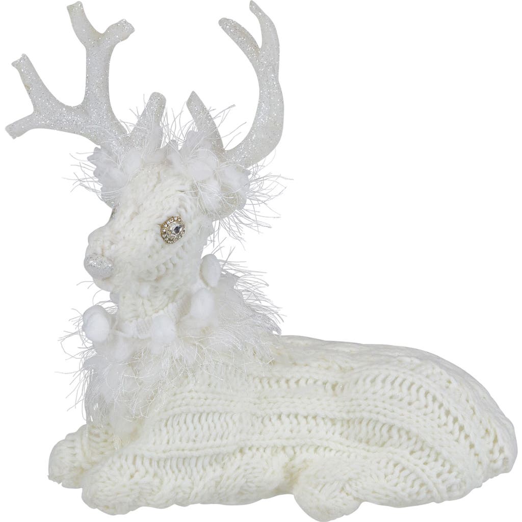 Northlight Cable Knit Sweater Sitting Reindeer Christmas Figure In White