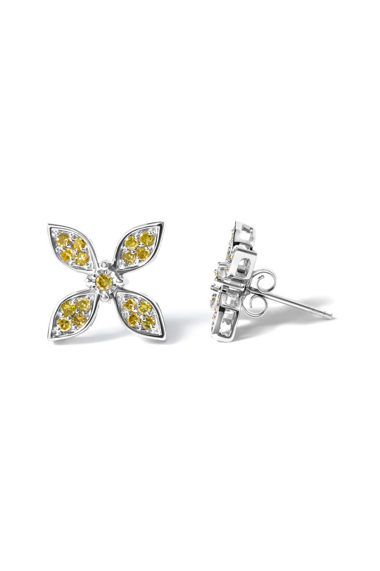 Sterling Silver Yellow Treated Diamond Accent Floral Stud Earrings, Alternate, color, Silver
