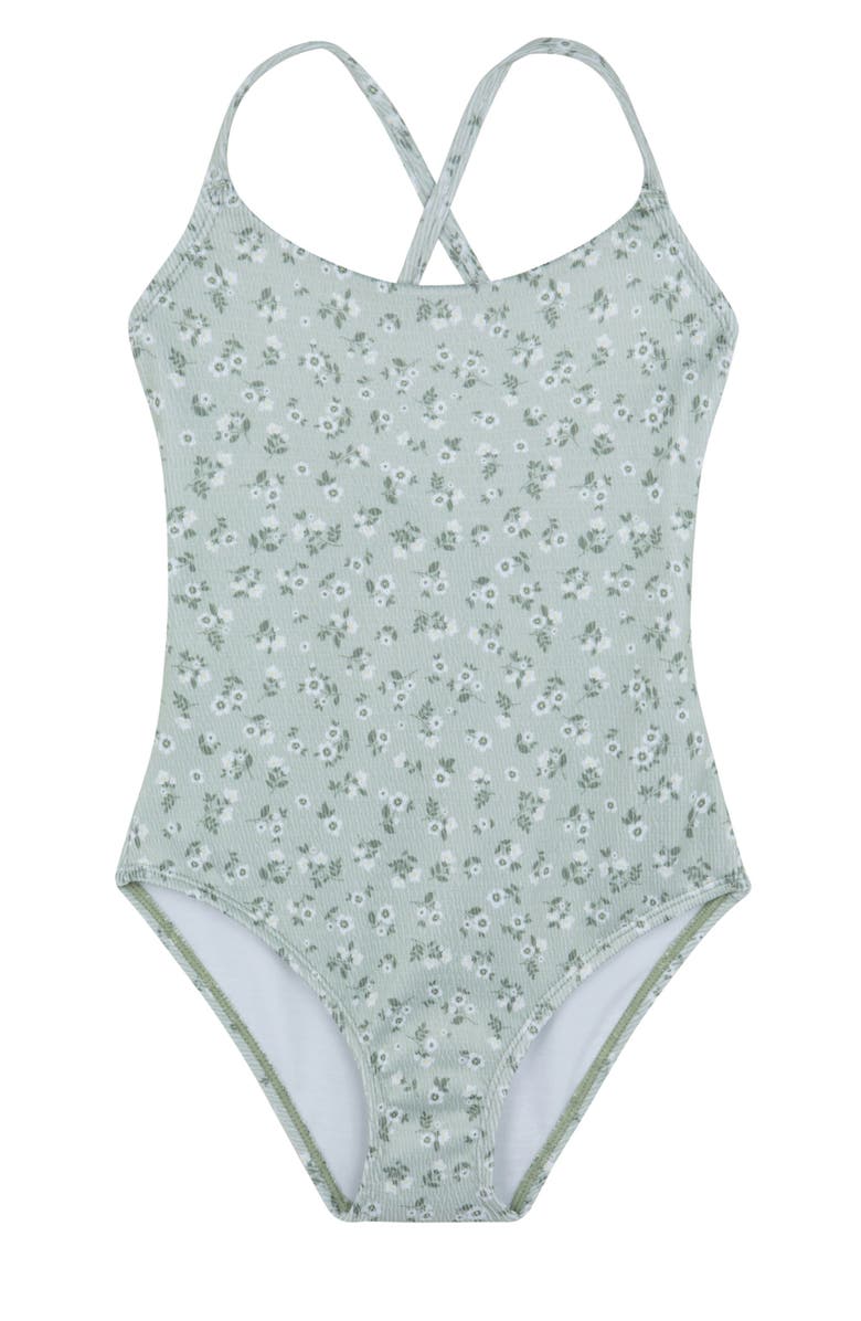 Gottex Kids Ditsy Dream Textured Criss Cross Tie Back One Piece, Main, color, Green