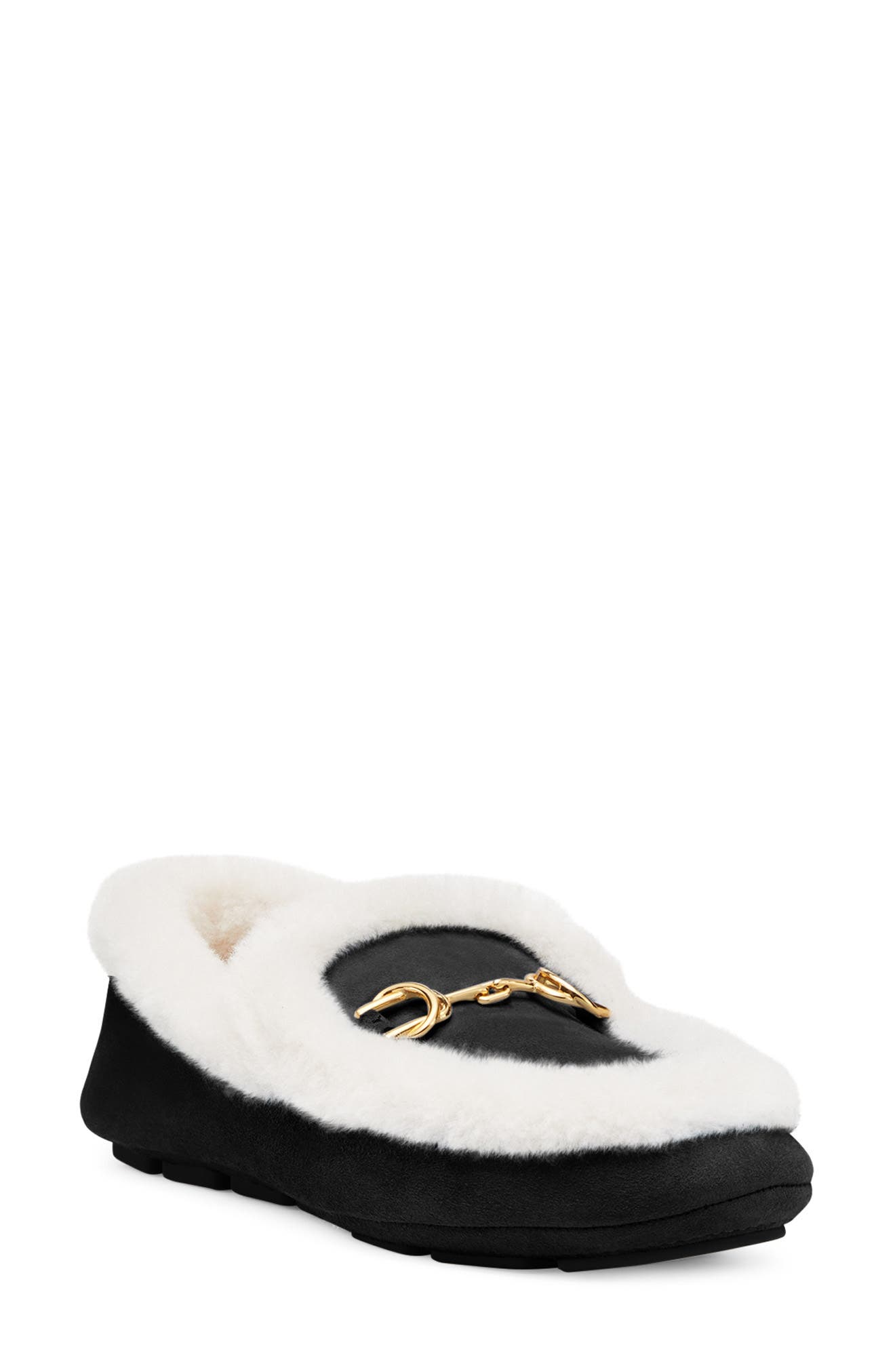 Stuart Weitzman Owen Buckle Cozy Genuine Shearling Lined Slipper, Main, color, Black/ Cream