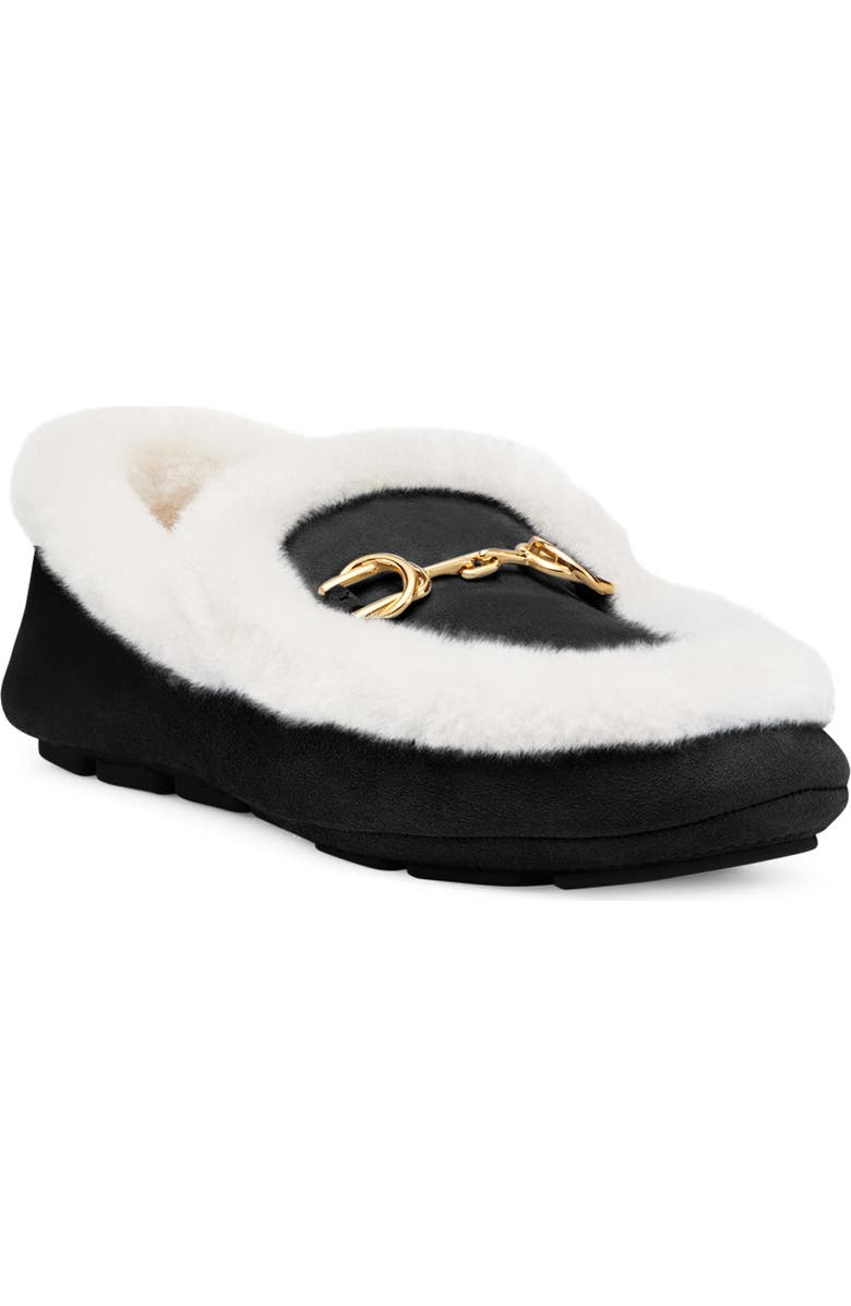 Stuart Weitzman Owen Buckle Cozy Genuine Shearling Lined Slipper, Main, color, Black/ Cream