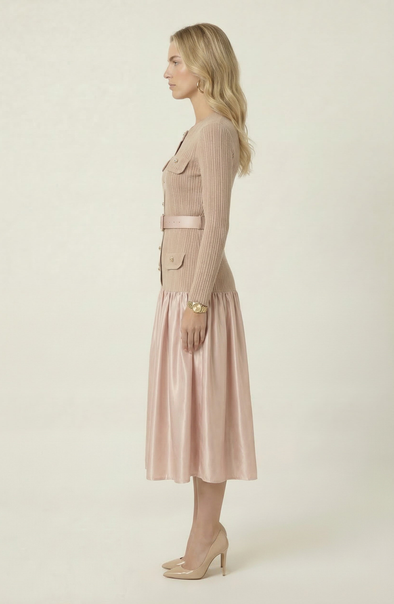 Modenaire Ribbed Knit and Satin Midi Dress, Alternate, color, Blush Pink