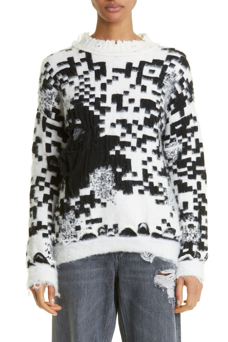 Gender Inclusive Oversize QR Code Jacquard Distressed Sweater, Main, color, WHITE/ BLACK