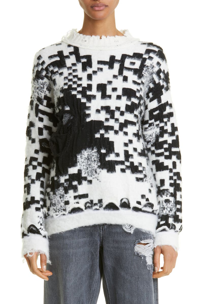 JW Anderson Gender Inclusive Oversize QR Code Jacquard Distressed Sweater, Main, color,