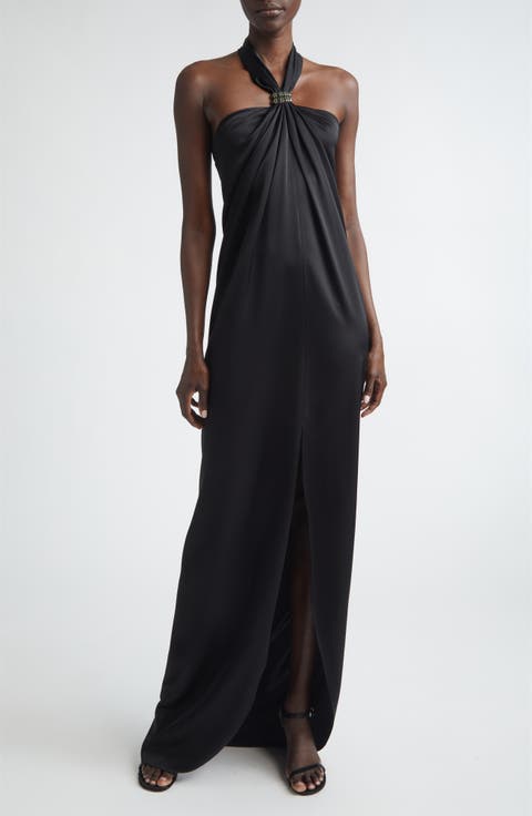 Liquid Satin Halter Neck Column Gown