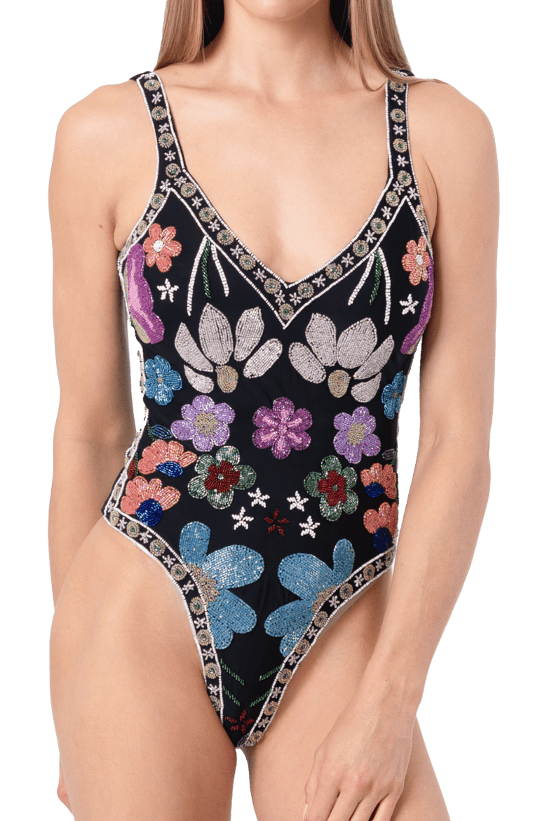 Flower Hand Beaded Embellished One Piece Swimsuit, Main, color, Black