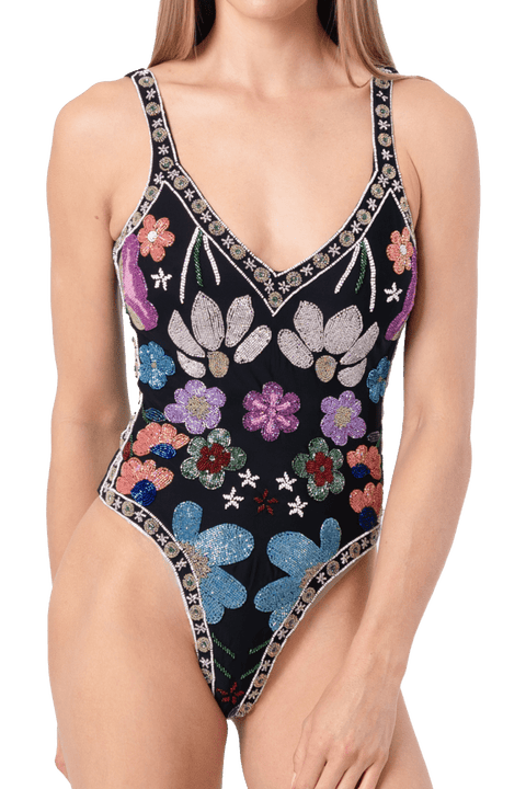 Flower Hand Beaded Embellished One Piece Swimsuit