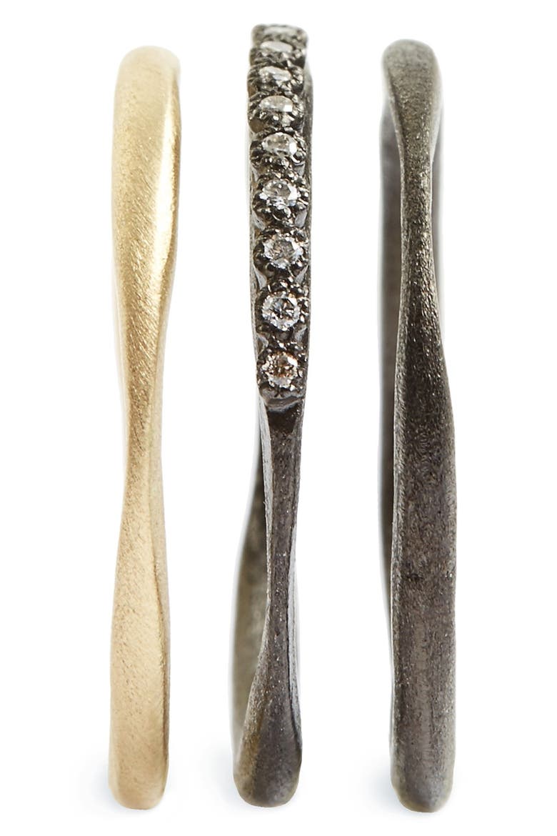 Old World Diamond Stacking Rings, Alternate, color, YELLOW GOLD/ BLACKENED SILVER