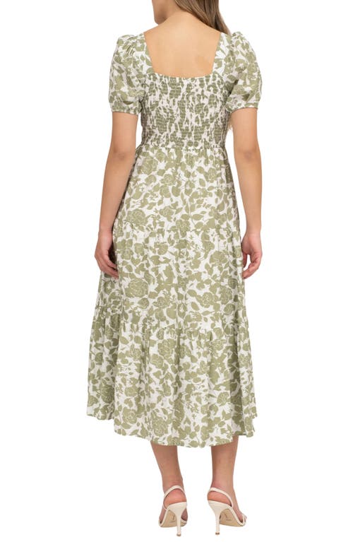 August Sky Floral Puff Sleeve Smocked Midi Dress In Olive Multi