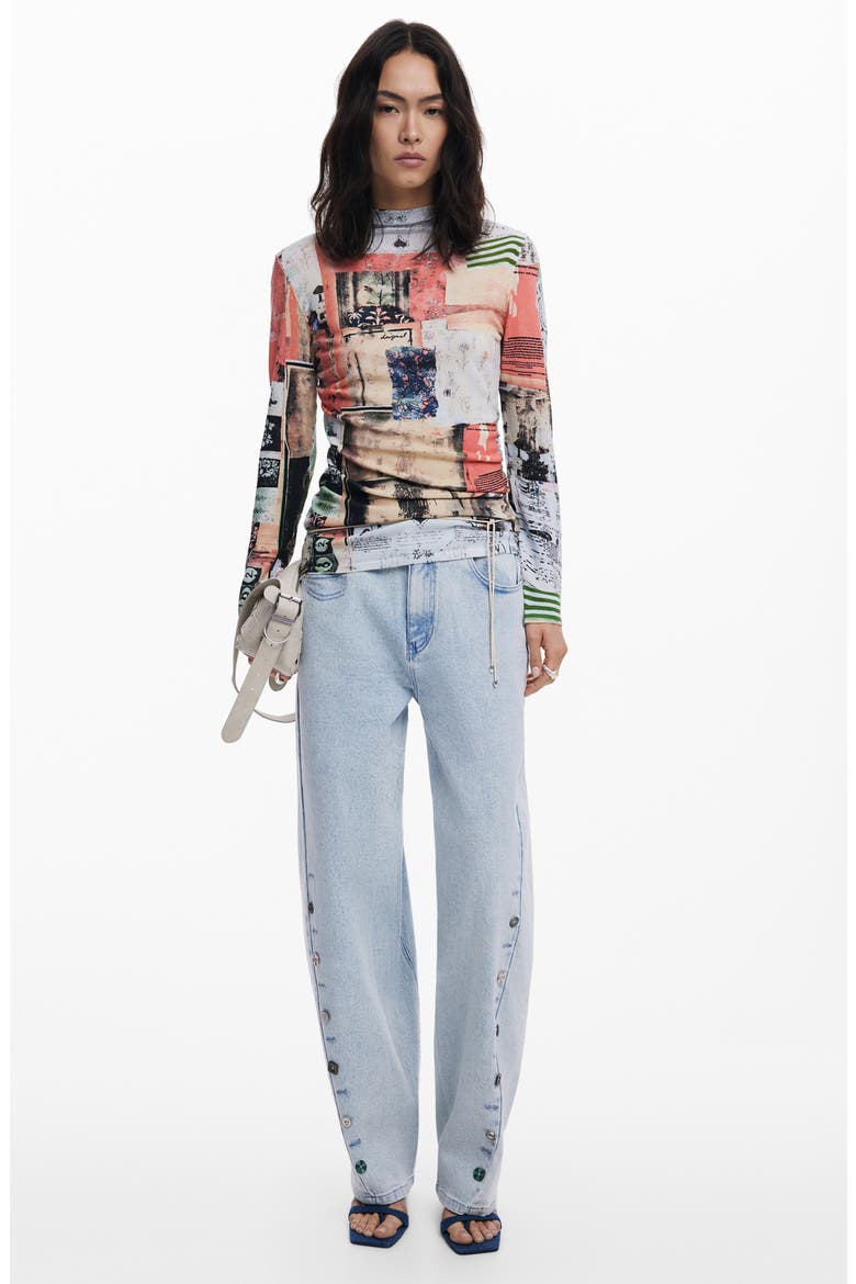 Print Mock Neck Top, Alternate, color, BEIGE