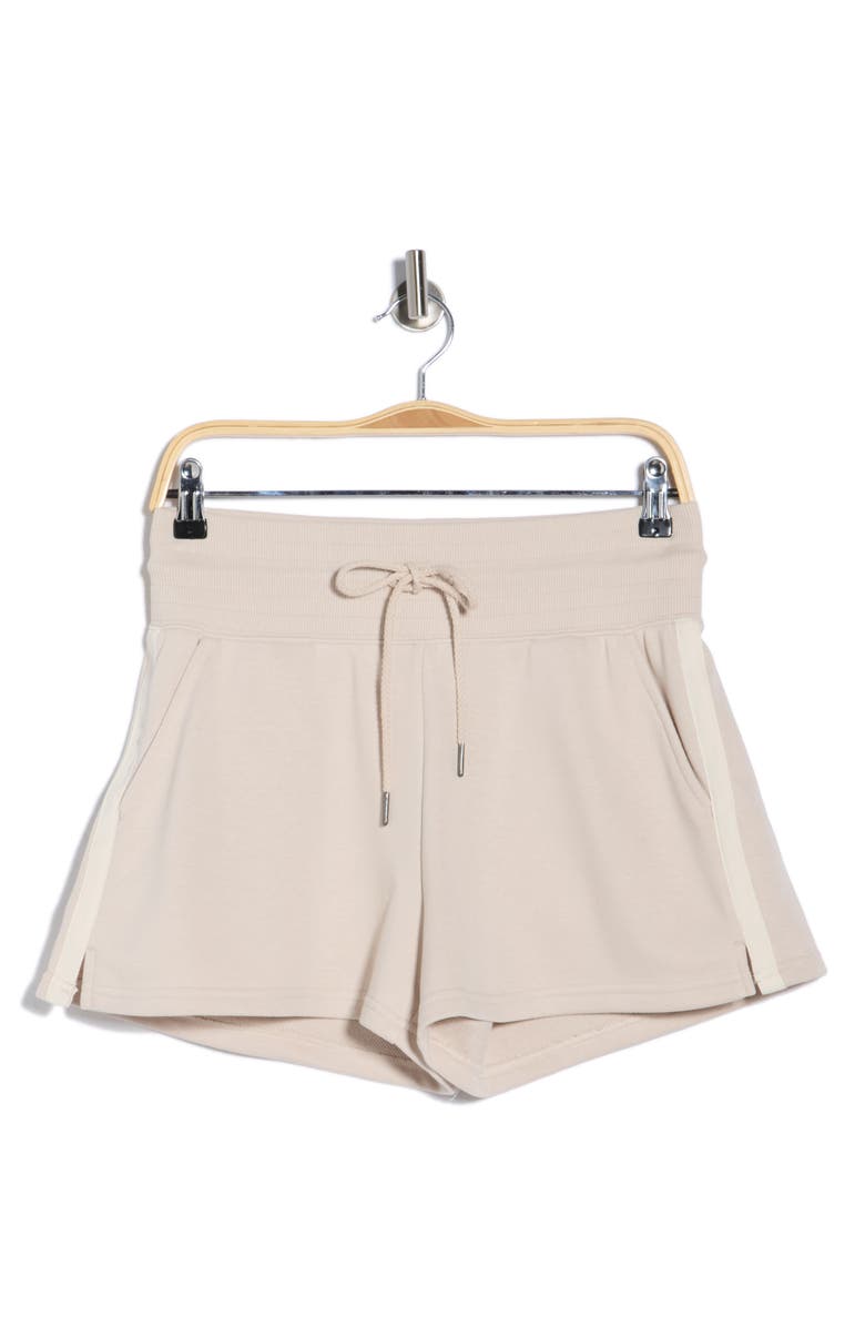 90 DEGREE BY REFLEX Stripe High Waist French Terry Shorts, Main, color, Mist Sand-White Dove