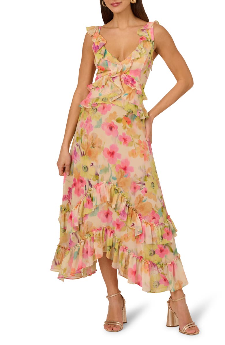 Adrianna Papell Floral Ruffle Trim Chiffon Dress, Main, color, Green/ Pink Multi
