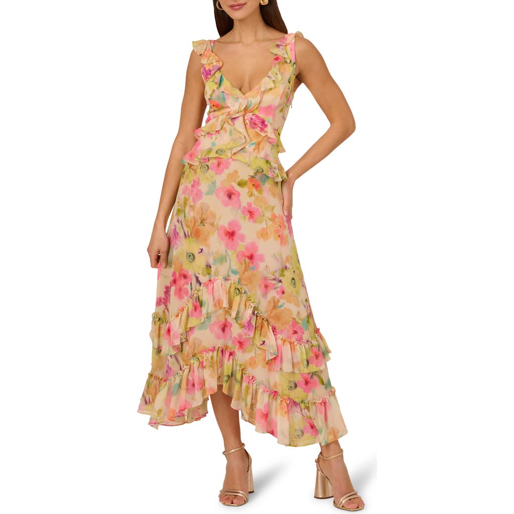 Adrianna Papell Floral Ruffle Trim Chiffon Dress In Multi