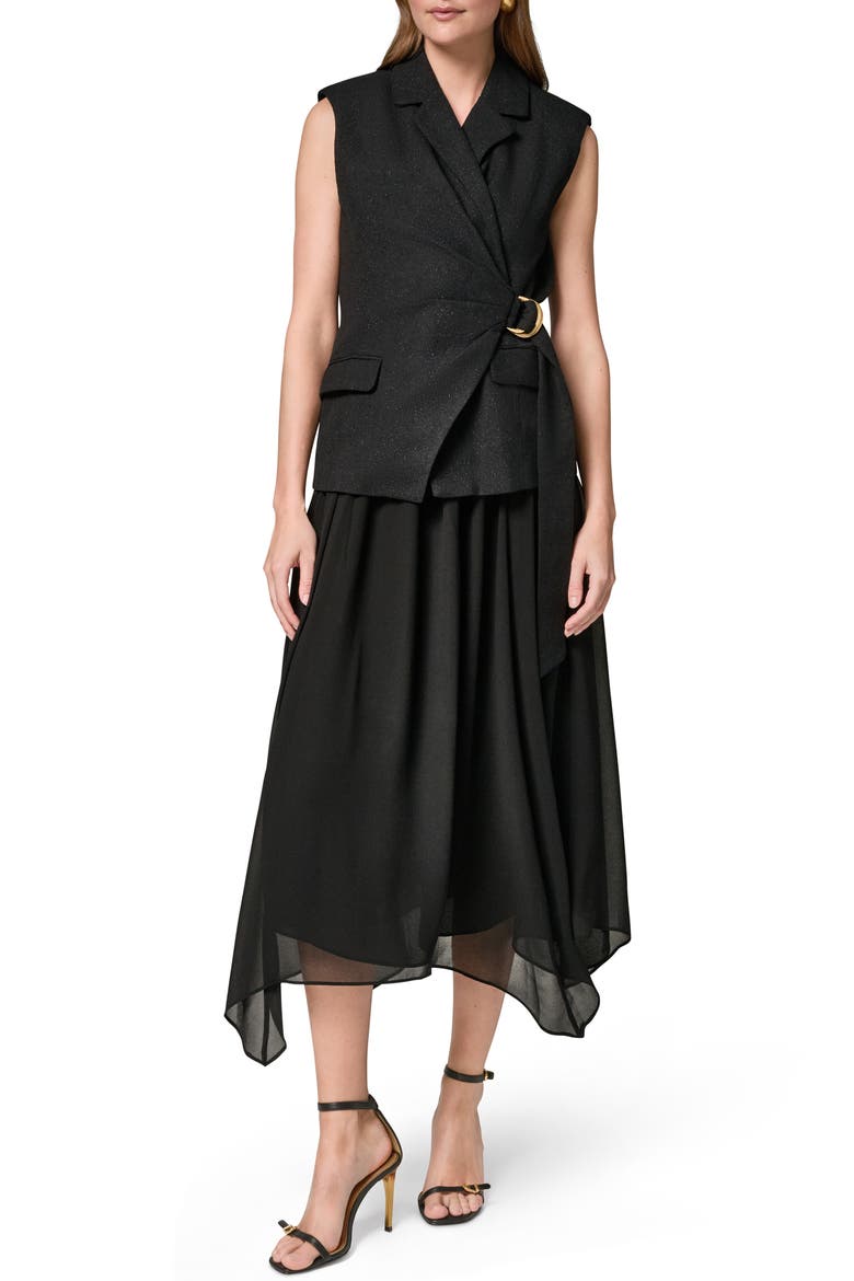 Mixed Media Belted Handkerchief Hem Midi Dress, Main, color, BLACK