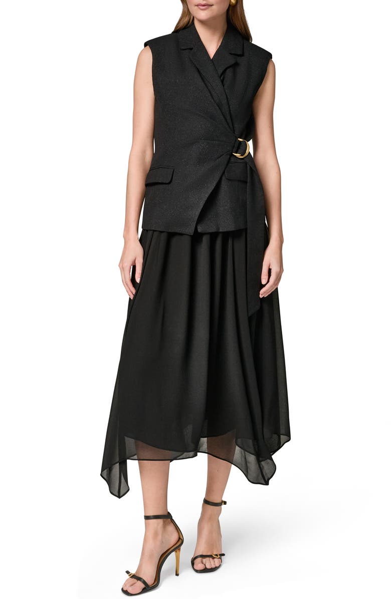 Donna Karan New York Mixed Media Belted Handkerchief Hem Midi Dress, Main, color, Black