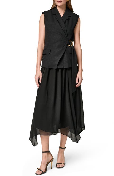 Mixed Media Belted Handkerchief Hem Midi Dress