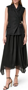 Donna Karan New York Mixed Media Belted Handkerchief Hem Midi Dress