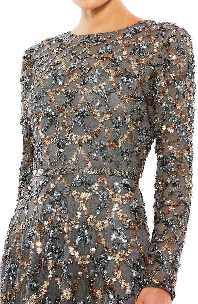 Mac Duggal Embellished Illusion High Neck Long Sleeve A Line Gown, Alternate, color, Charcoal