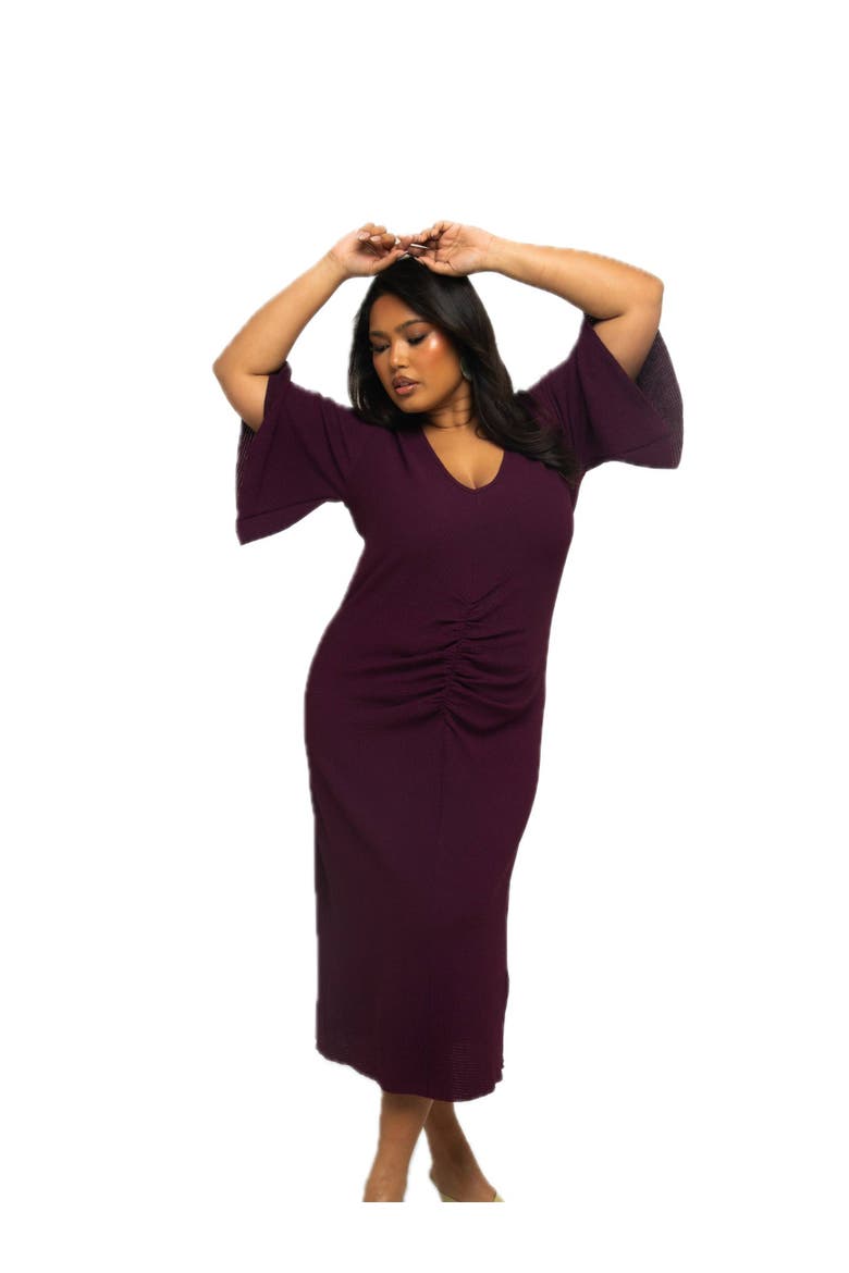 Ruched Flutter Sleeve Midi Dress, Main, color, Plum