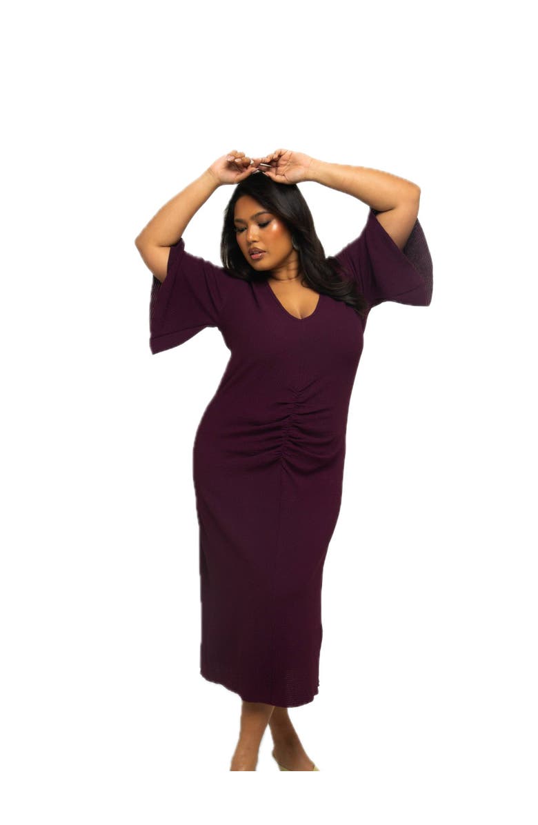 FASHION-SZN CURVE Ruched Flutter Sleeve Midi Dress, Main, color, Plum