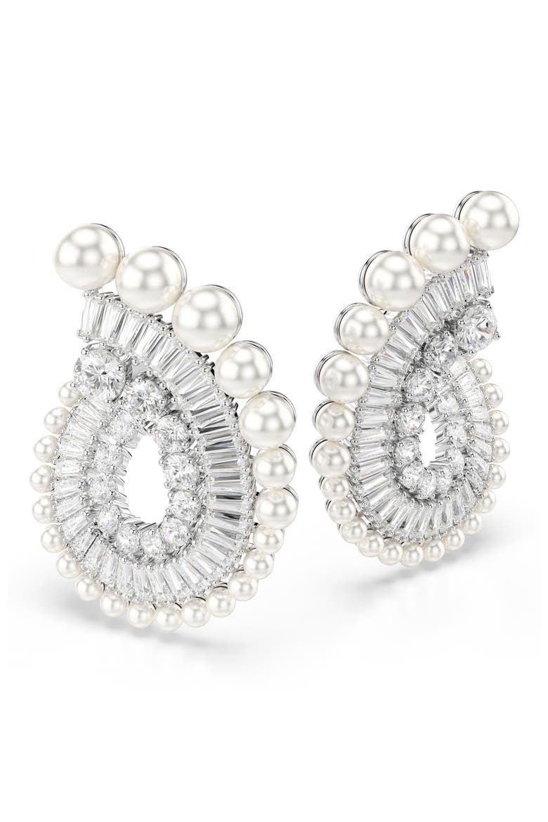 x Ariana Grande Mixed-Cut Cubic Zirconia & Faux Pearl Hoop Earrings, Alternate, color, WHITE/ SILVER