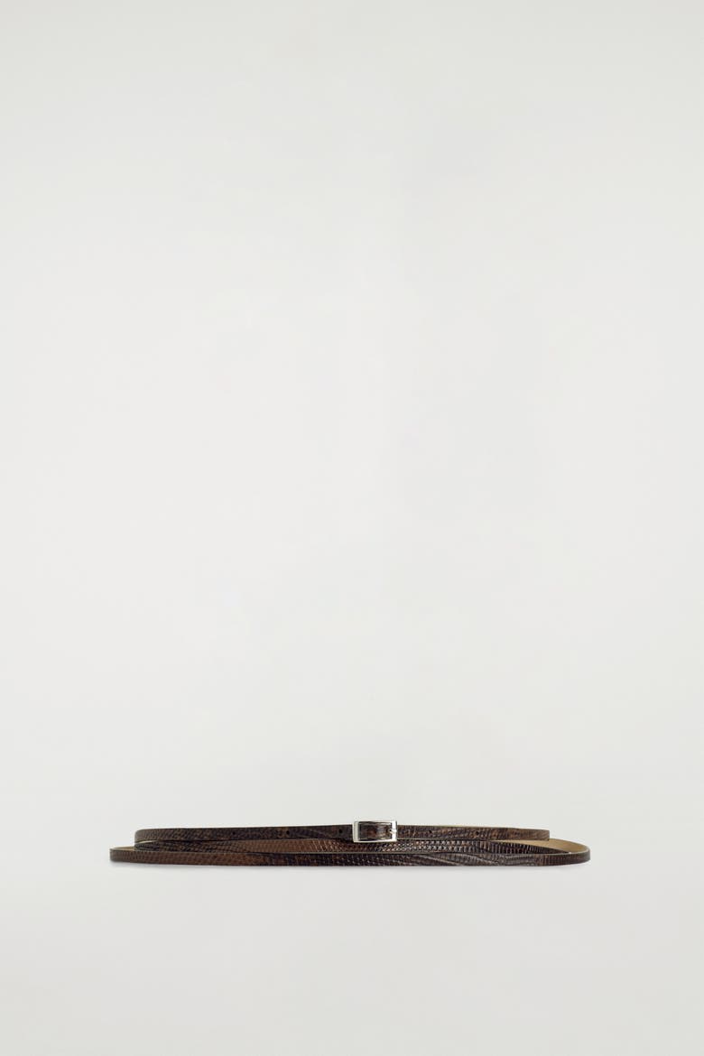 Skinny Double-wrap Leather Belt, Main, color, BROWN / LIZARD EFFECT