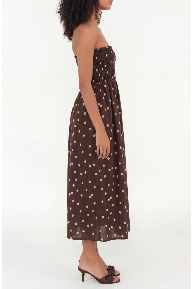 Drift Polka Dot Strapless Smocked Bodice Linen & Cotton Sundress, Alternate, color, POLKA DOT BROWN