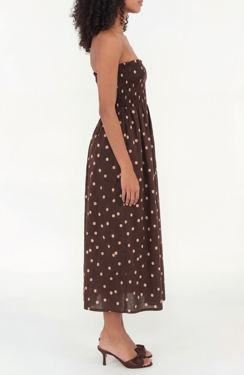 The Lulo Project Drift Polka Dot Strapless Smocked Bodice Linen & Cotton Sundress, Alternate, color, Polka Dot Brown