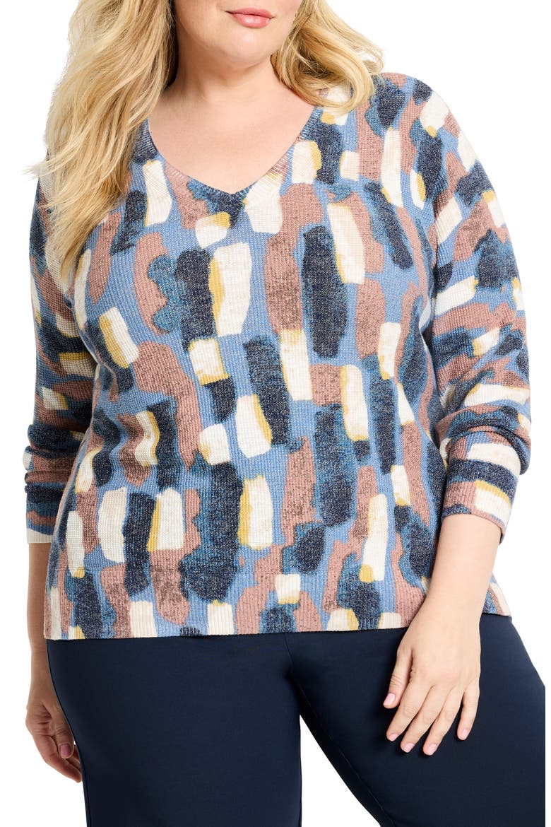 Brushstrokes Waffle Stitch V-Neck Sweater, Main, color, NEUTRAL MULTI