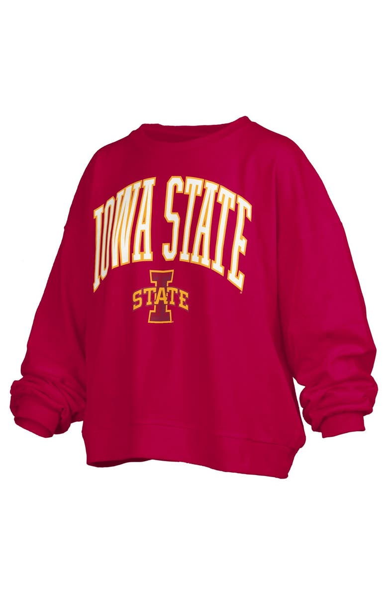 PRESSBOX Women's Pressbox Cardinal Iowa State Cyclones Janise Arch Over Logo Waist Length Oversized Pullover Sweatshirt, Alternate, color, Cardinal