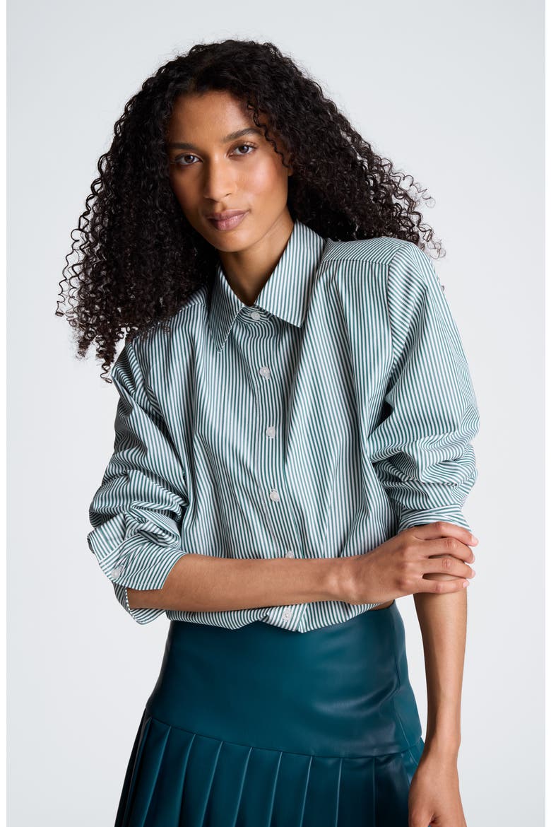 Striped Cropped Cotton Button Down Shirt, Alternate, color, PURE WHITE/ TEAL DUSK