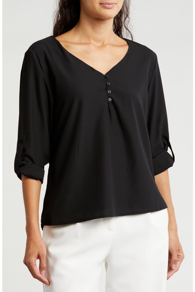 Button Back Long Sleeve Top, Main, color, BLACK