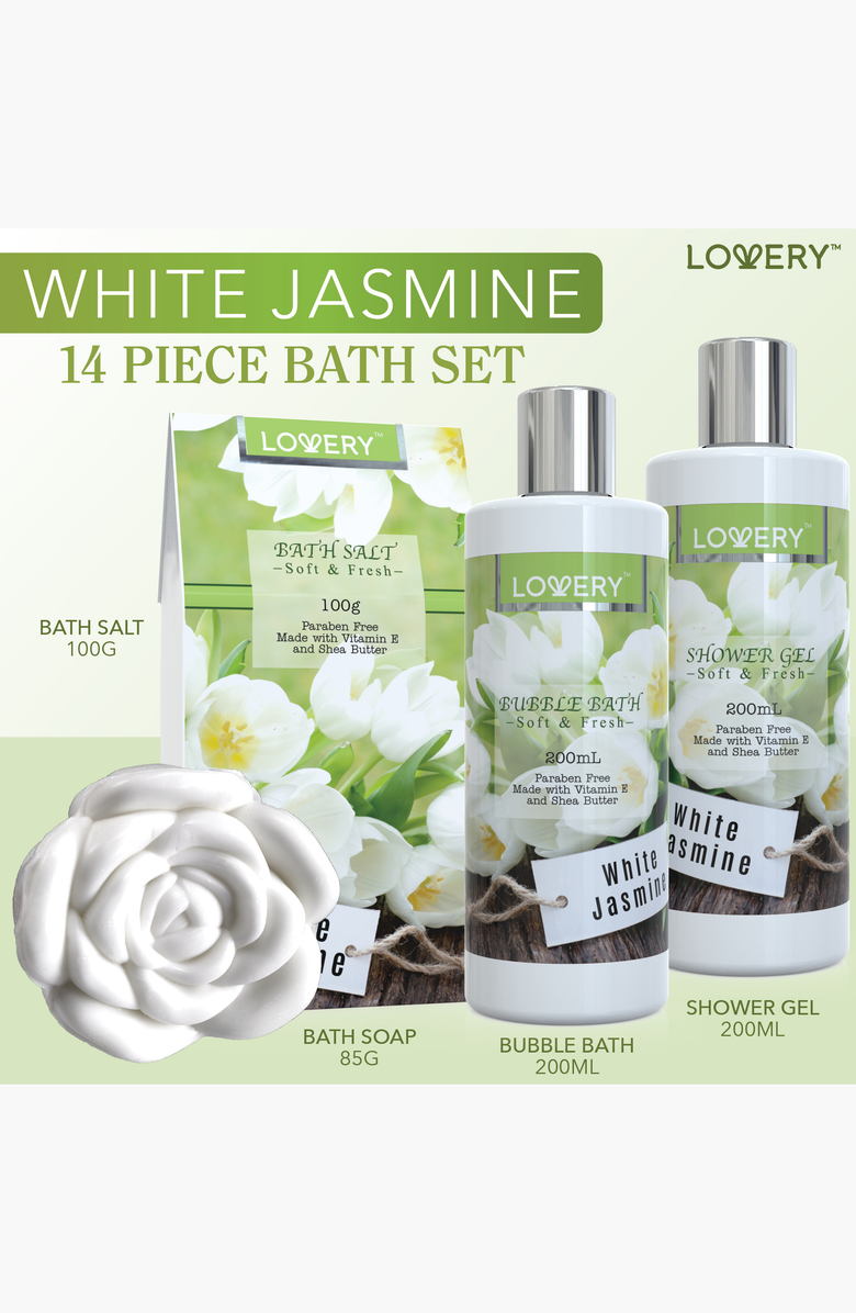 Lovery White Jasmine 14-Piece Bath and Body Gift Set, Alternate, color, White / Silver / Green