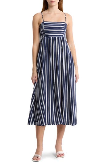 Melrose And Market Stripe Babydoll Midi Dress In Navy Denim Nova Stripe