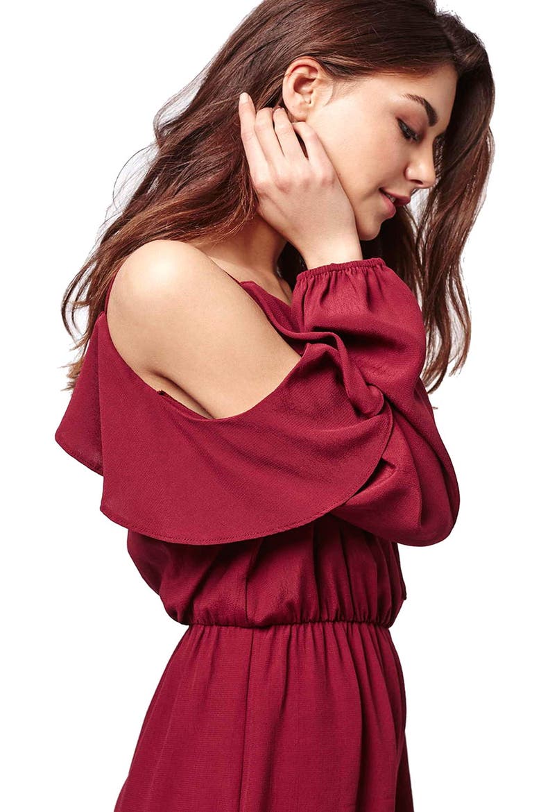 Ruffled Cold Shoulder Romper, Alternate, color, RED