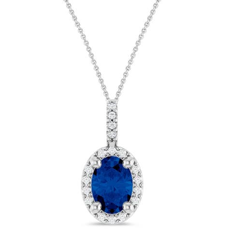 Oval Lab  Blue Sapphire & Diamond Halo Pendant Necklace 14K