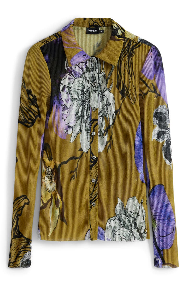 Desigual Plissé Button-Up Shirt, Alternate, color, Olive Green