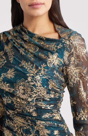 Metallic Floral Long Sleeve Ruched Gown
