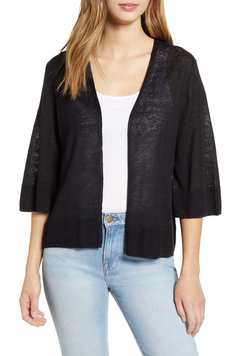 Lea Linen Cardigan, Main, color, BLACK