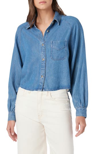 Hudson Jeans Raglan Balloon Sleeve Button-down Top In Blue