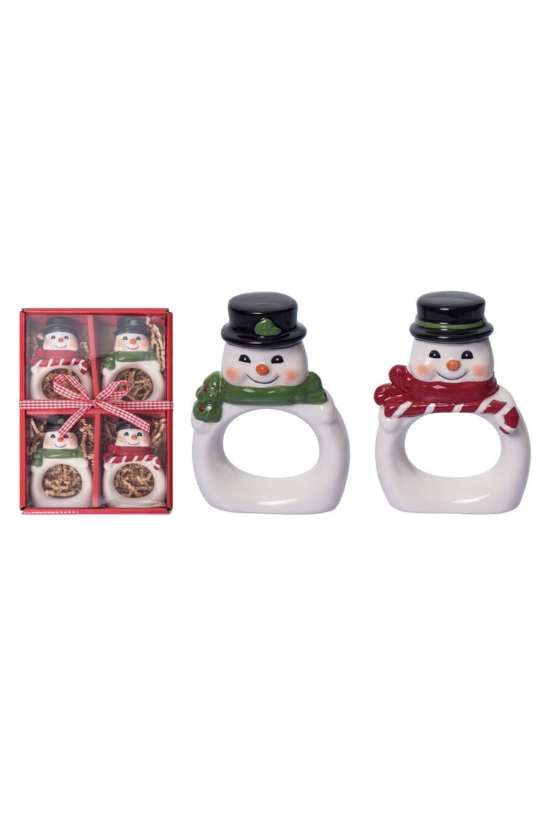 Vintage Snowman Napkin Rings Set of 4 for Christmas Dining, Main, color, White