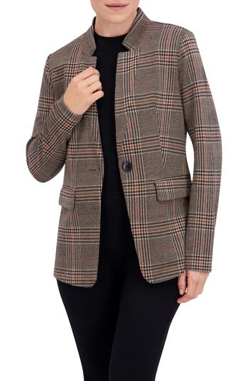 Ookie & Lala Houndstooth Inverted Notch Lapel Blazer In Brown