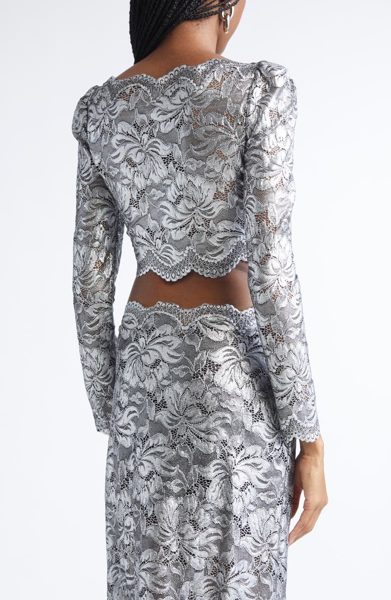 Rabanne Foiled Stretch Lace Crop Top, Alternate, color, Black / Silver