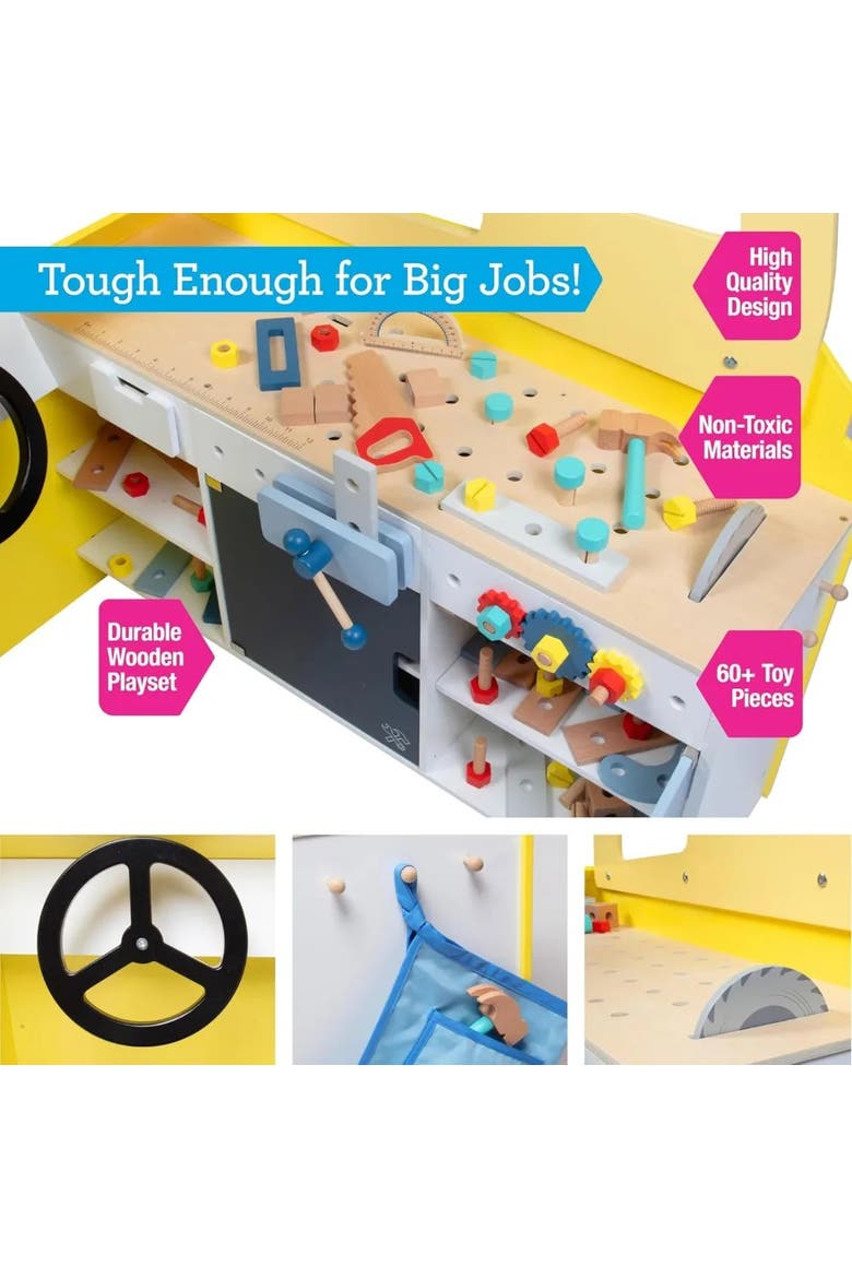 Construction Truck Wooden Playset w 60+ Toy Pieces- Pretend Hammer Saw Bolts, Screws, Workbench Building Kids Gift, Alternate, color, Yellow