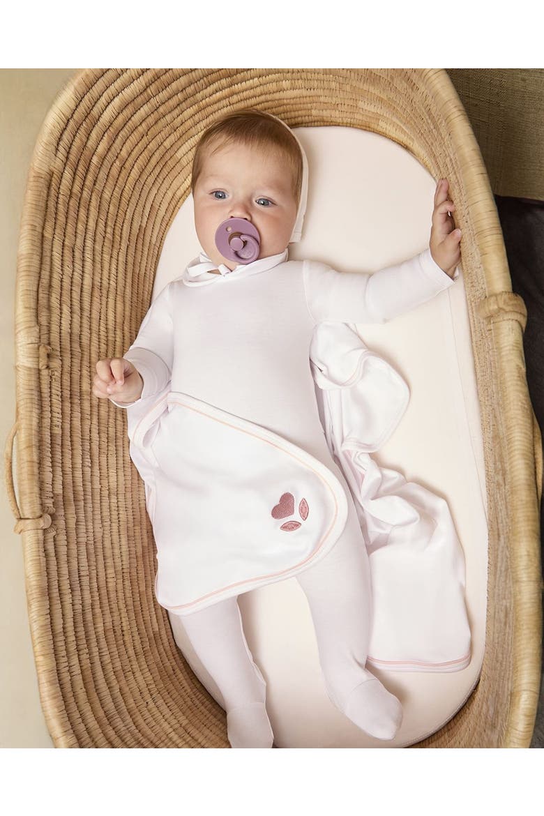 3 Piece Baby Girls Cotton Footie Set with Peter Pan Collar and Embroidered Hearts, Alternate, color, Winter White