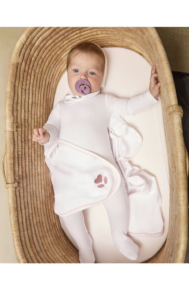 MiniMoi 3 Piece Baby Girls Cotton Footie Set with Peter Pan Collar and Embroidered Hearts, Alternate, color, Winter White