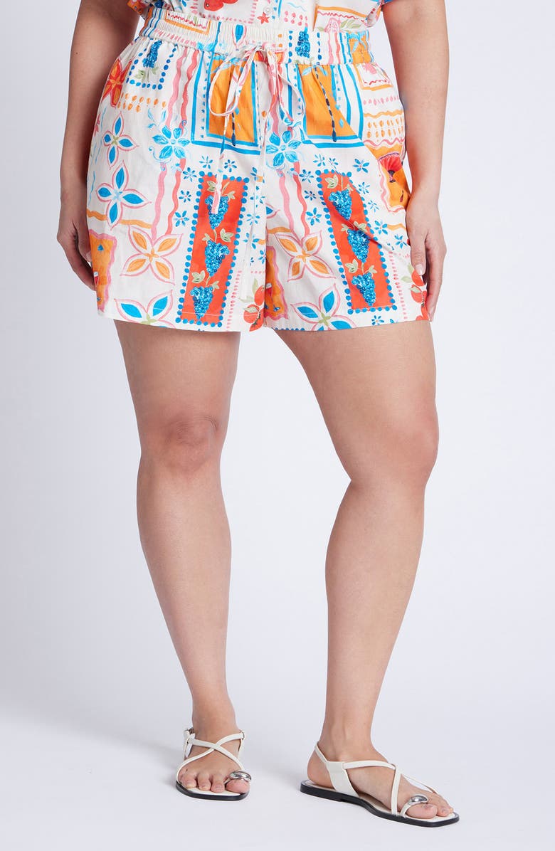 ELOQUII Print Drawstring Cotton Poplin Shorts, Main, color, 